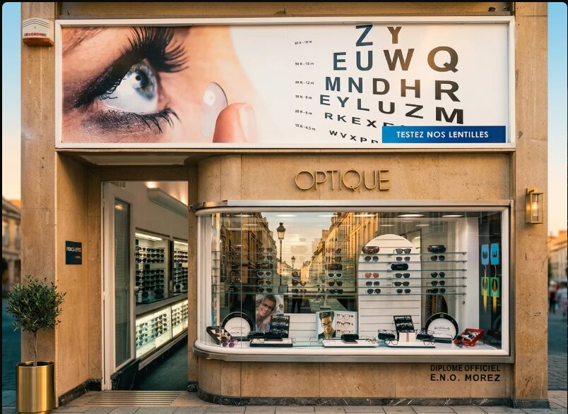 Façade de Prince Optic, rue Prince Moulay Abdallah à Casablanca, et sa vitrine de lunettes