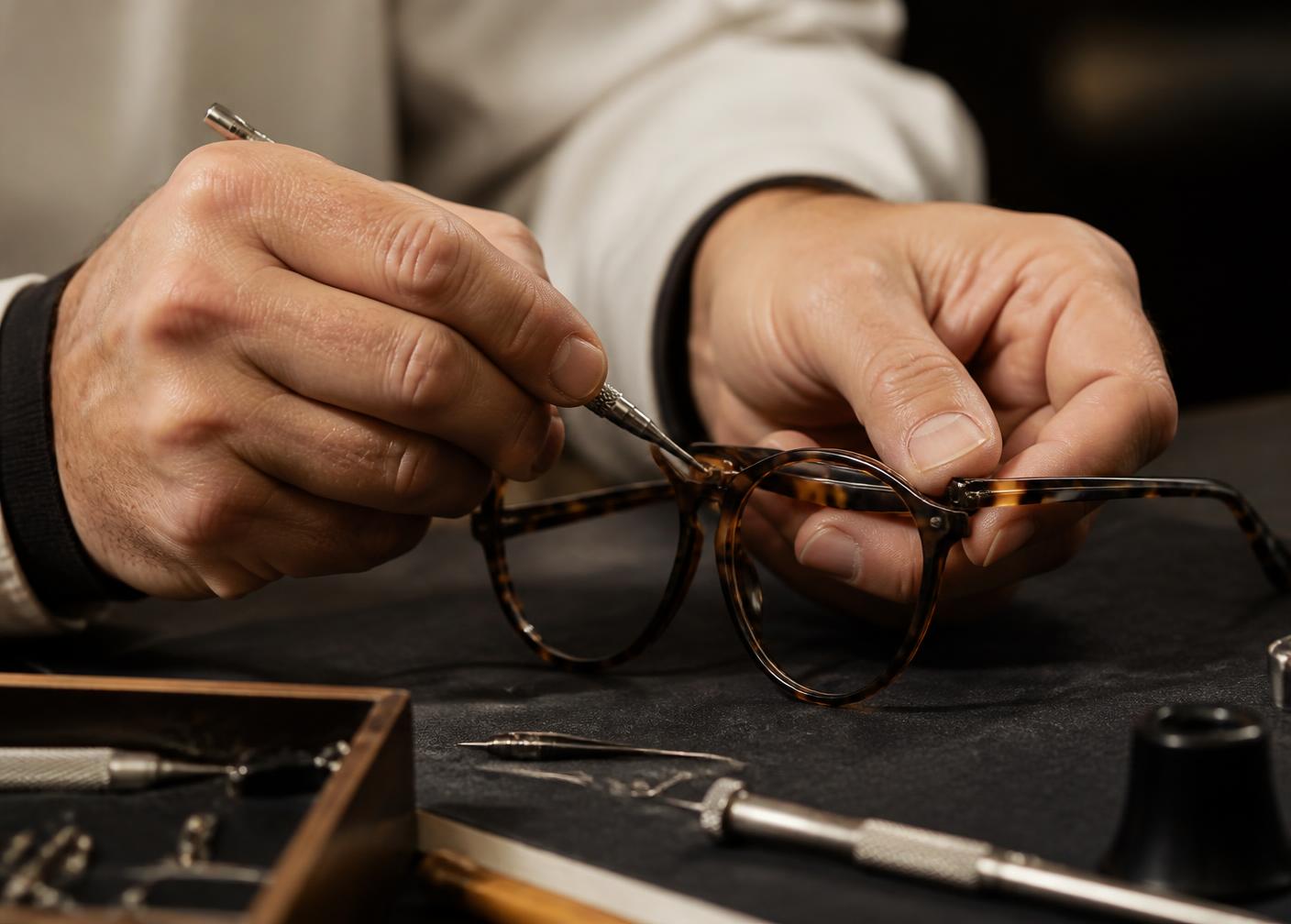 Mains d'un opticien ajustant une monture en acétate à l'aide d'outils de précision