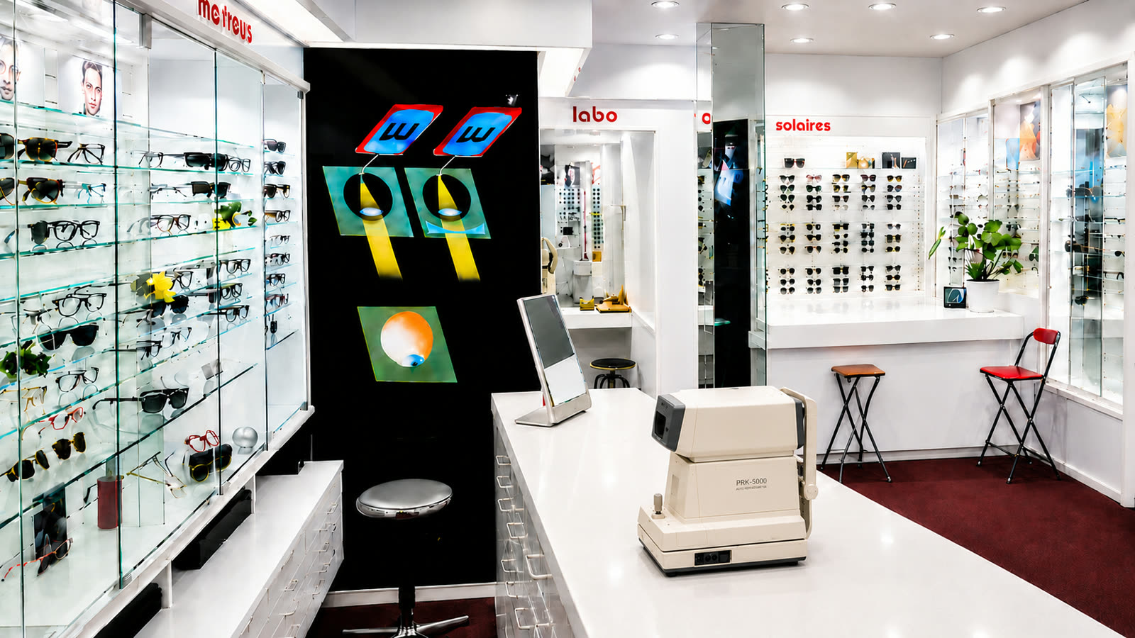 Intérieur de Sumica Optique à Casablanca : vitrines de montures, espace solaires et poste de mesure